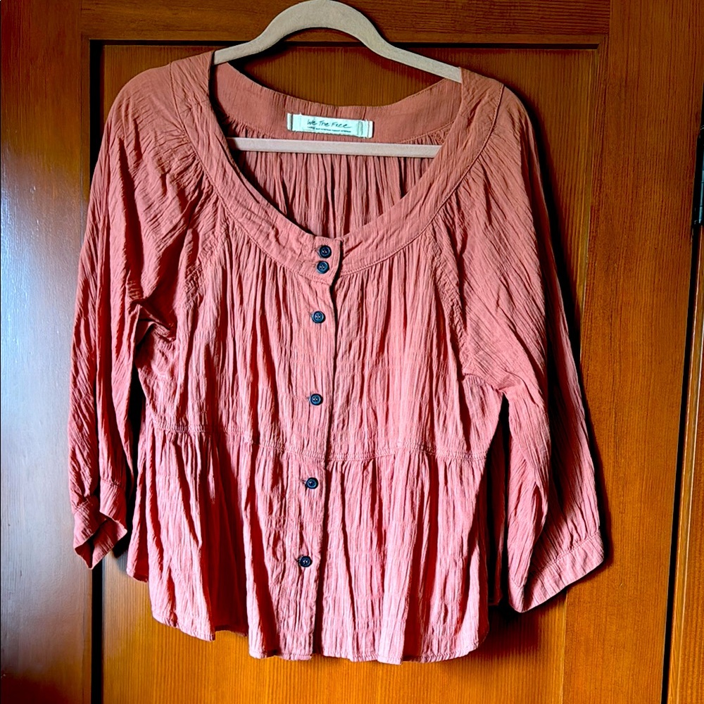 We The Free Coral Pleated Blouse with 3/4 Sleeves